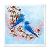 Designart 'Două Păsări Albastre Așezate Pe O Ramură Cu Fructe De Pădure Iarna' Imprimeu Tradițional De Artă Încadrată