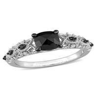 1-Carat T. W. diamant negru tăiat cu pernă și diamant alb tăiat rotund inel de logodnă Vintage din Aur Alb de 14kt