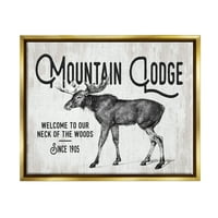 Stupell Industries Rustic Mountain Lodge Vintage Moose Cabin semn artă grafică aur metalic plutitor încadrat pânză imprimare artă de perete, Design de Litere și căptușite