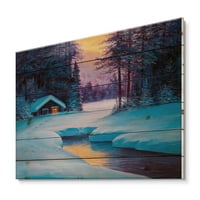 Designart 'cabană veche în pădurea de iarnă în Evening Glow II' imprimeu tradițional pe lemn Natural de pin