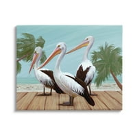 Stupell Industries Tropical Pelicans Beach Boardwalk Galerie de pictură învelită pe pânză imprimată artă de perete, Design de