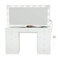 Boahaus Orla masă de vanitate modernă luminată, sertare Port USB, butoane cu bile de cristal și priză vopsită pentru dormitor
