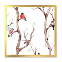 Designart 'păsări mici așezate pe ramurile copacilor III' imprimare tradițională de artă încadrată