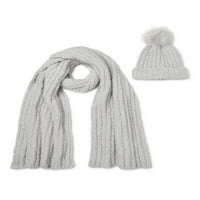 Time and Tru cosy Beanie cu nervuri cu Pom și eșarfă, Set Din 2 piese