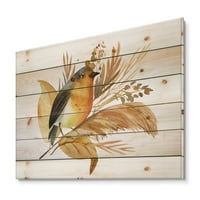 Designart 'Flori de toamnă și pasăre Robin' imprimeu tradițional pe lemn Natural de pin